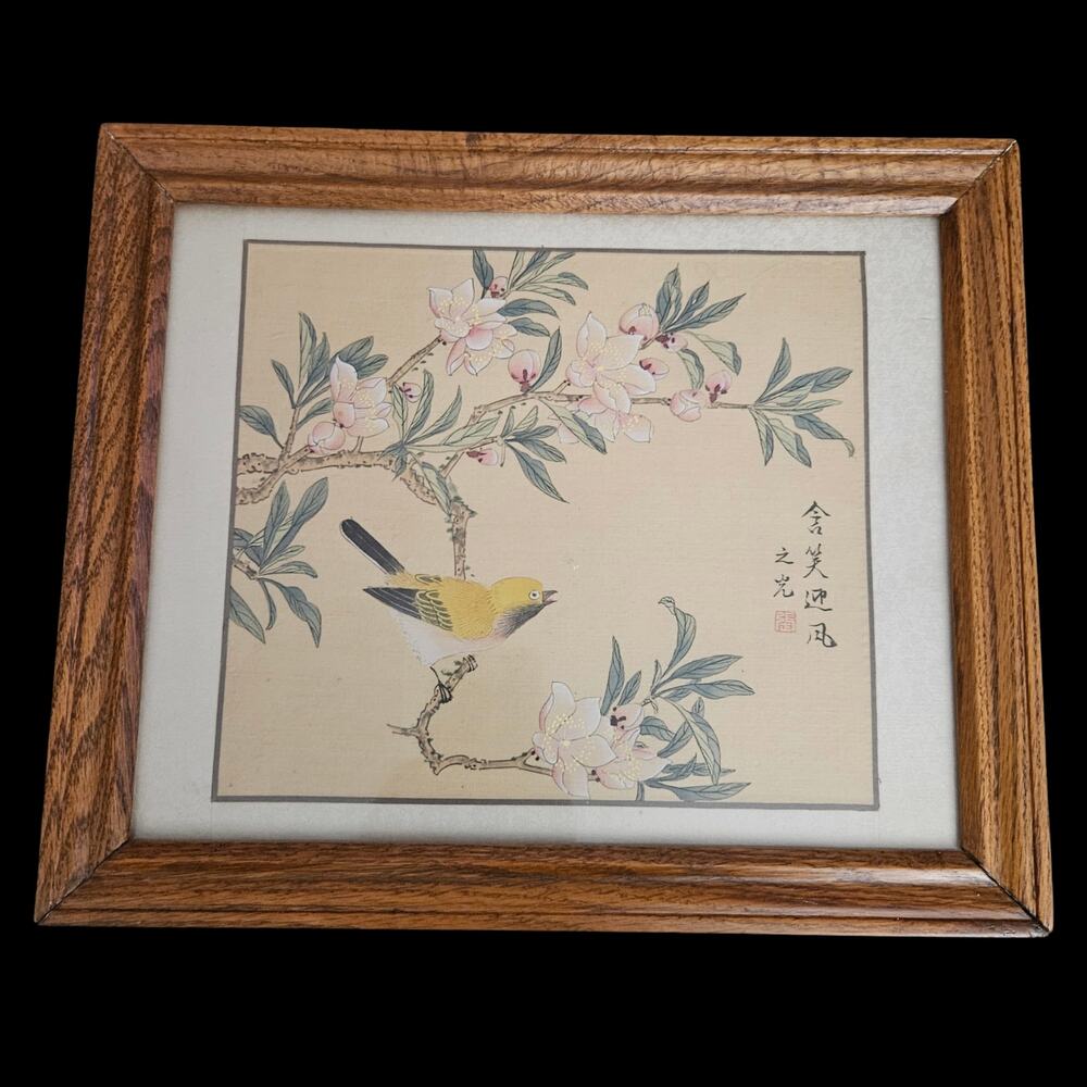 Vintage Asian Bird & Cherry Blossom Framed Silk Art Signed Red Seal